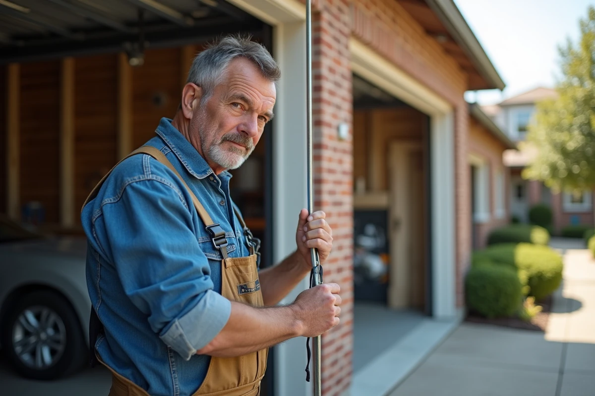 Ouvrier mesurant l'ouverture d'un garage résidentiel