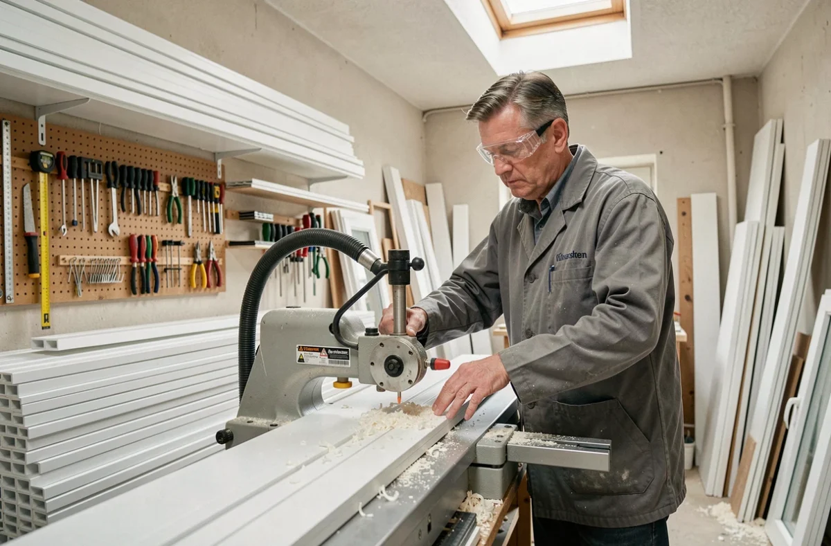 Artisan de P-A Menuiserie découpant un profilé PVC dans son atelier de menuiserie dans le Var