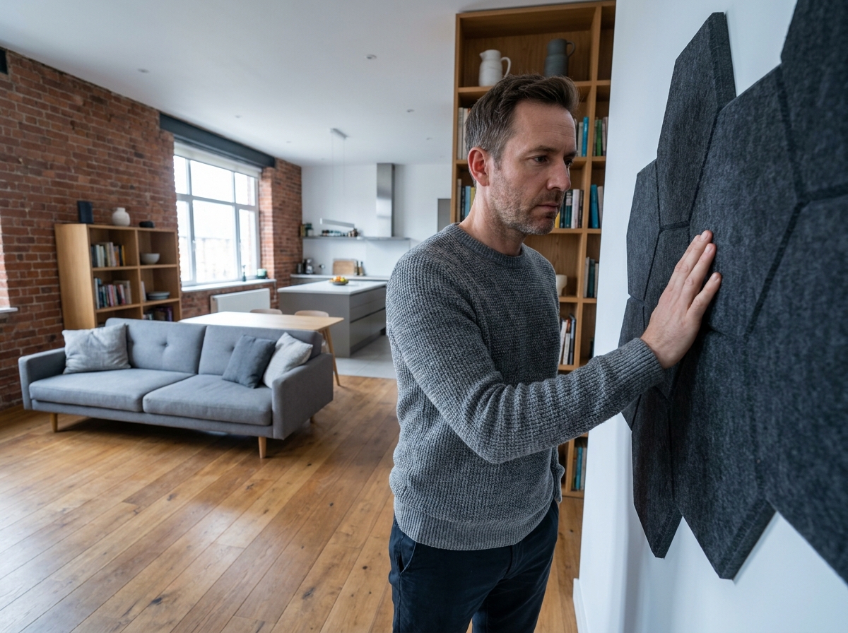 Homme inspectant des panneaux d'isolation acoustique dans un appartement moderne en espace ouvert avec décoration scandinave