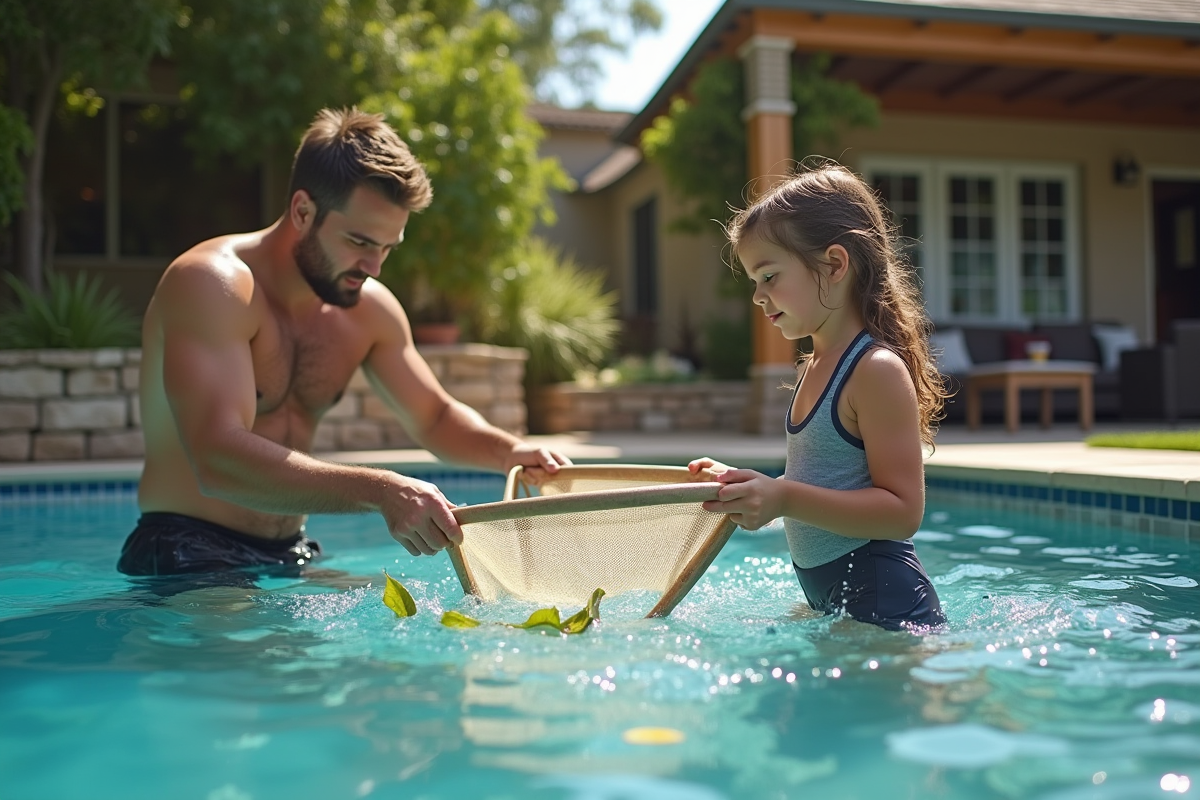 Père et fille nettoyant la piscine avec un filet