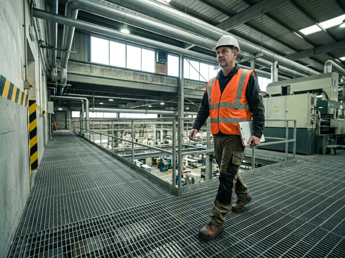 Technicien traversant une passerelle industrielle en caillebotis galvanisé dans une usine de fabrication