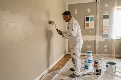 Peintre professionnel appliquant une peinture mate sur un mur intérieur en cours de rénovation, avec des échantillons de couleurs et des pots ouverts au sol