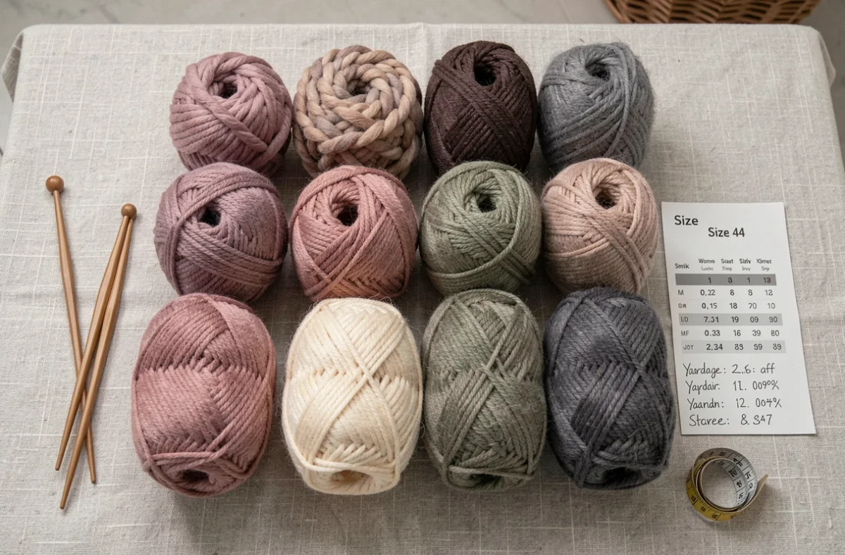 Pelotes de laine disposées en flat lay avec aiguilles à tricoter, mètre ruban et tableau des tailles pour un pull taille 44 et un gilet assorti