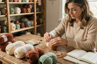 Femme comptant des pelotes de laine pour tricoter un pull taille 44 et un gilet assorti, assise à une table en bois dans un atelier de tricot