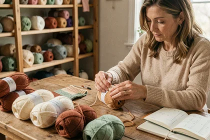 Femme comptant des pelotes de laine pour tricoter un pull taille 44 et un gilet assorti, assise à une table en bois dans un atelier de tricot