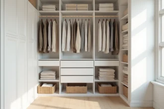 Penderie modulable blanche bien organisée avec étagères et tringles à vêtements dans une chambre au sol en parquet clair
