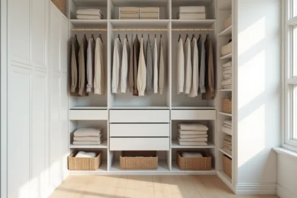 Penderie modulable blanche bien organisée avec étagères et tringles à vêtements dans une chambre au sol en parquet clair