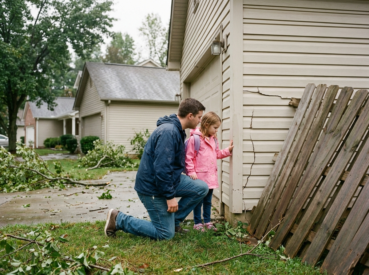 Père examine les dégâts de tempête sur la maison