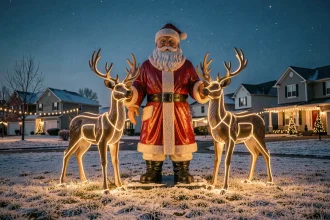 Décoration extérieure de Noël avec père Noël grandeur nature et rennes lumineux sur pelouse enneigée