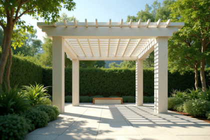 Pergola moderne sur patio ensoleille avec jardin vert