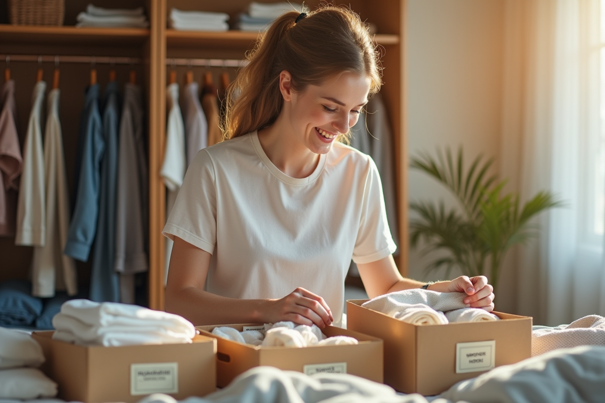 Personne heureuse triant des objets dans une chambre lumineuse