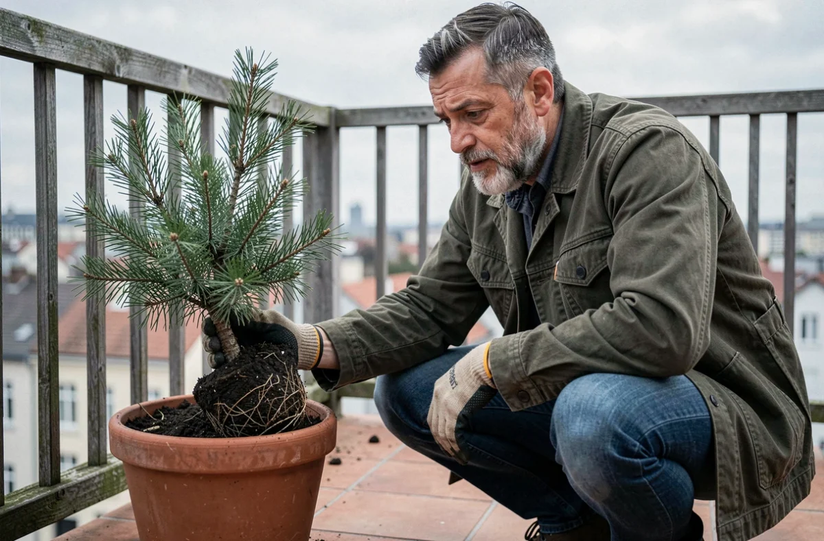 Homme inspectant un petit sapin en pot sur une terrasse urbaine