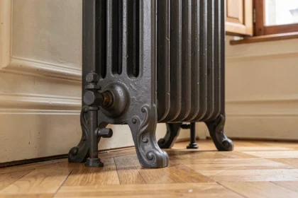 Pied réglable en fonte pour radiateur ancien sur parquet chêne dans appartement haussmannien