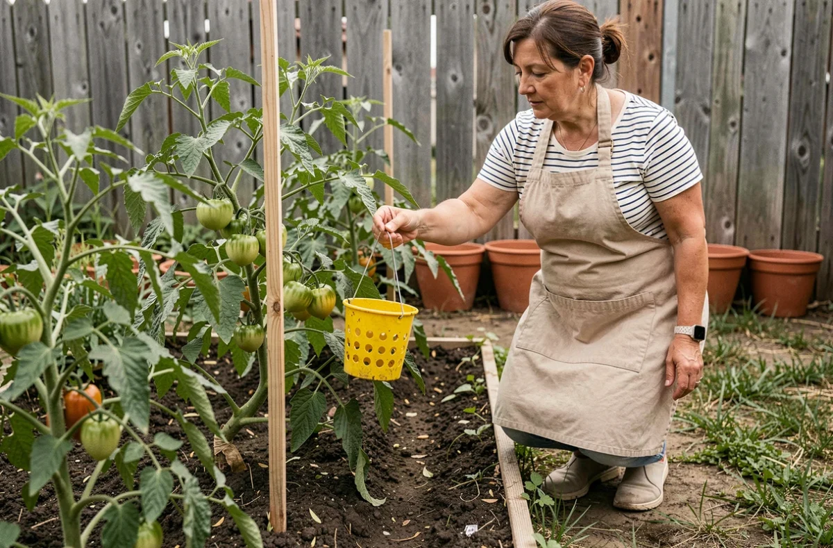 Femme installant un piège à phéromones artisanal entre les plants de légumes dans un potager