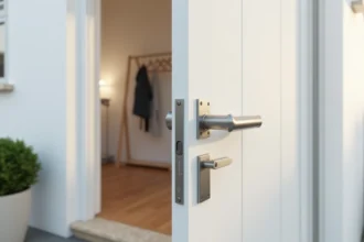 Pince doigt transparent installé sur le bord charnière d'une porte d'entrée blanche moderne dans un pavillon résidentiel