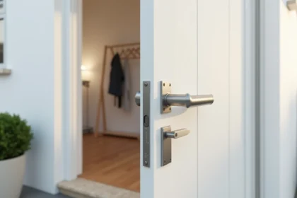 Pince doigt transparent installé sur le bord charnière d'une porte d'entrée blanche moderne dans un pavillon résidentiel