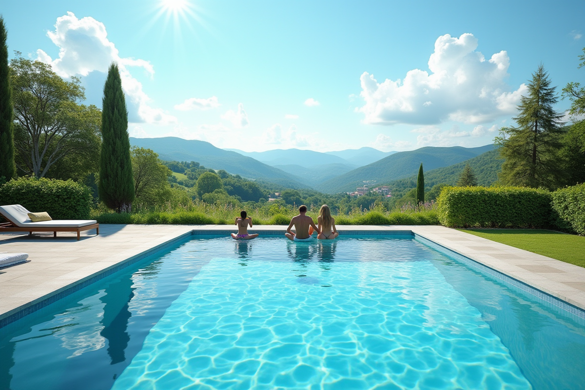 Piscine de taille olympique dans un jardin campagnard avec famille