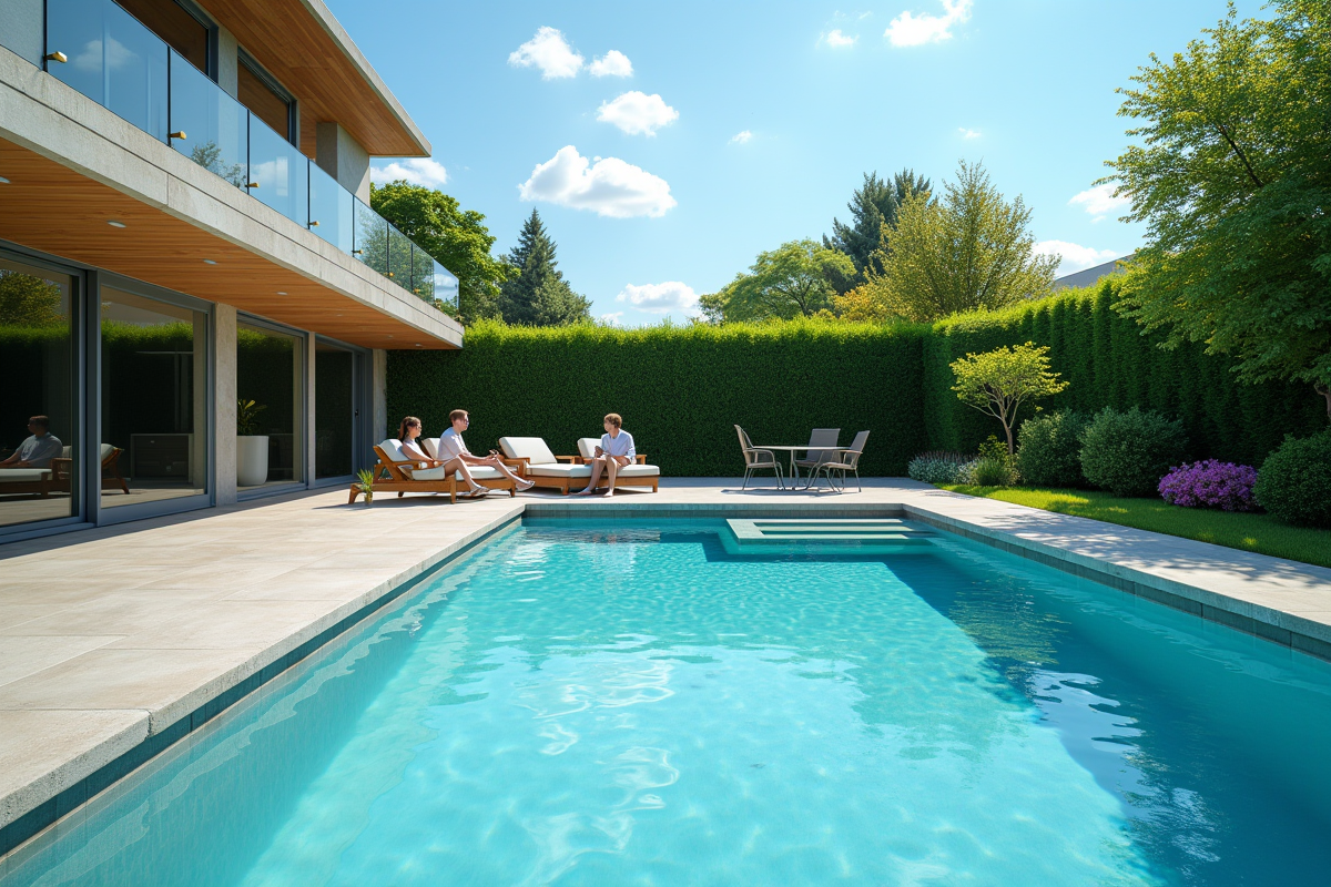 Piscine en béton luxe entourée de verdure et famille détendue