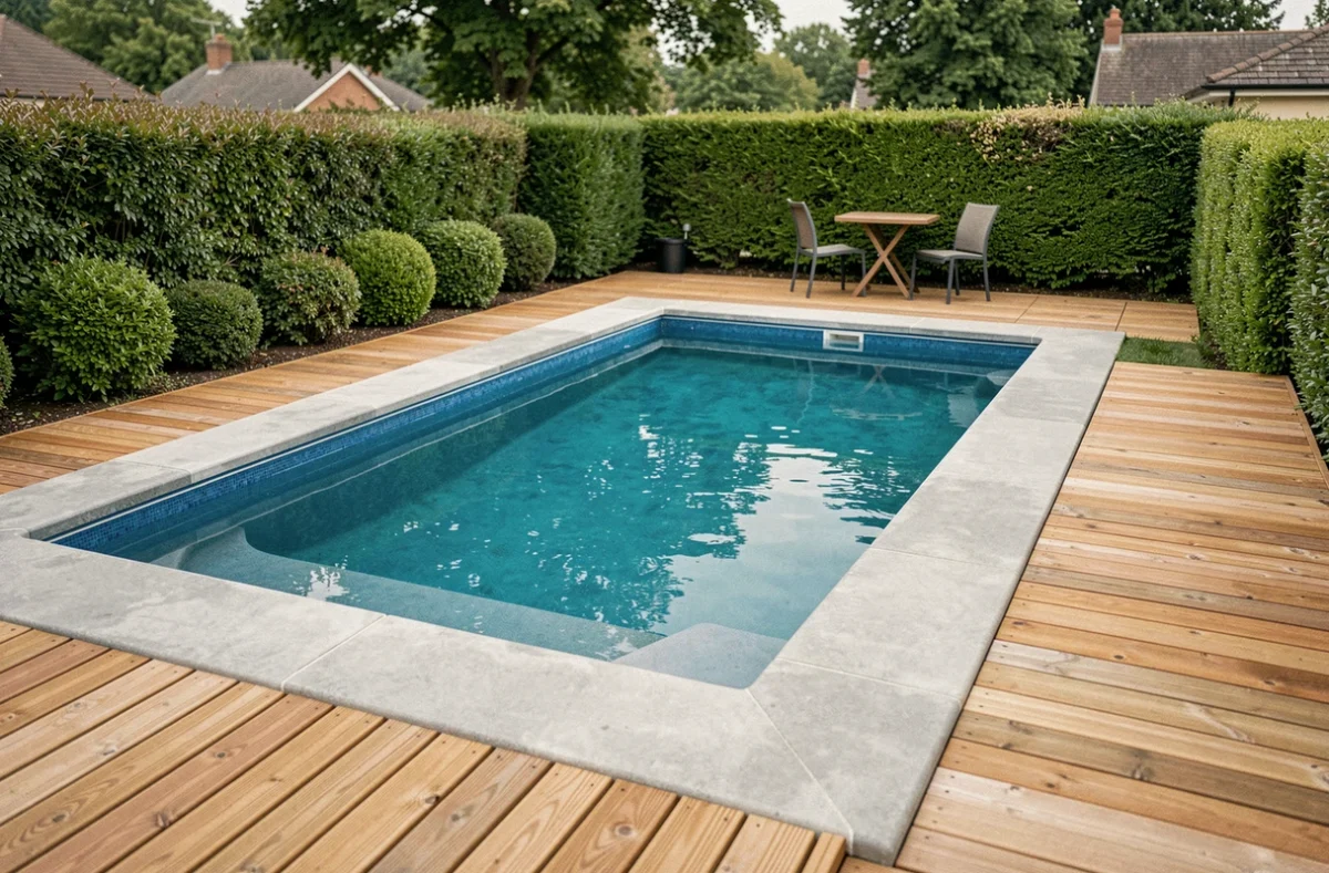 Piscine rectangulaire compacte avec liner bleu et margelles en béton, exemple de construction économique réussie