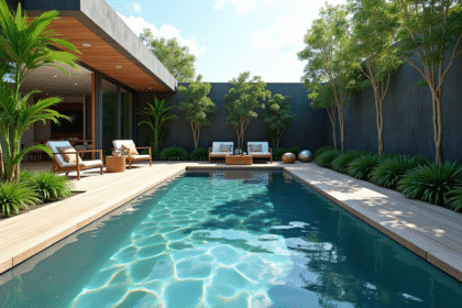 Piscine rectangulaire moderne dans un jardin urbain ensoleille