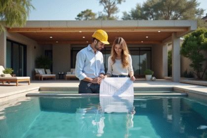 Constructeur et couple examinant plans piscine en béton