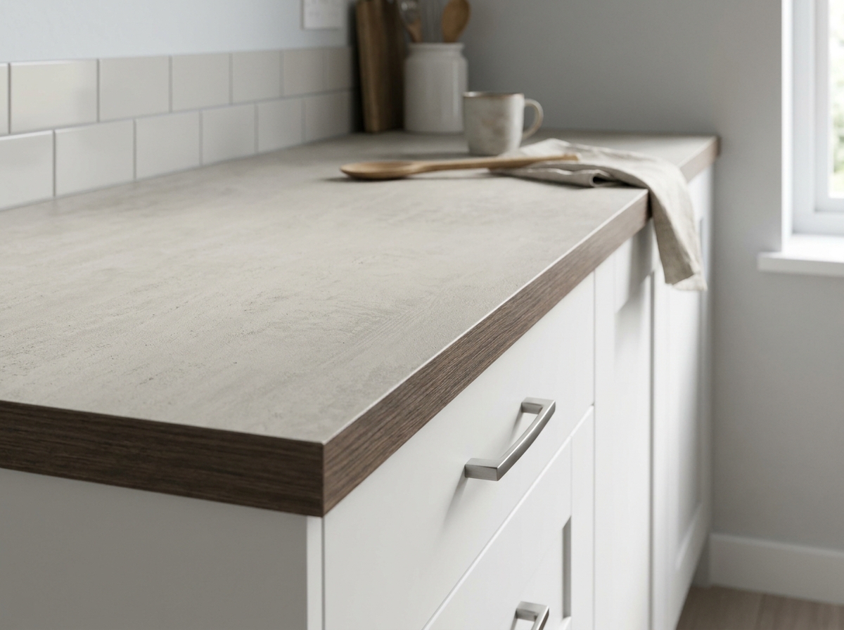 Plan de travail stratifié GoodHome en finition béton clair installé dans une cuisine blanche avec profil chant bois