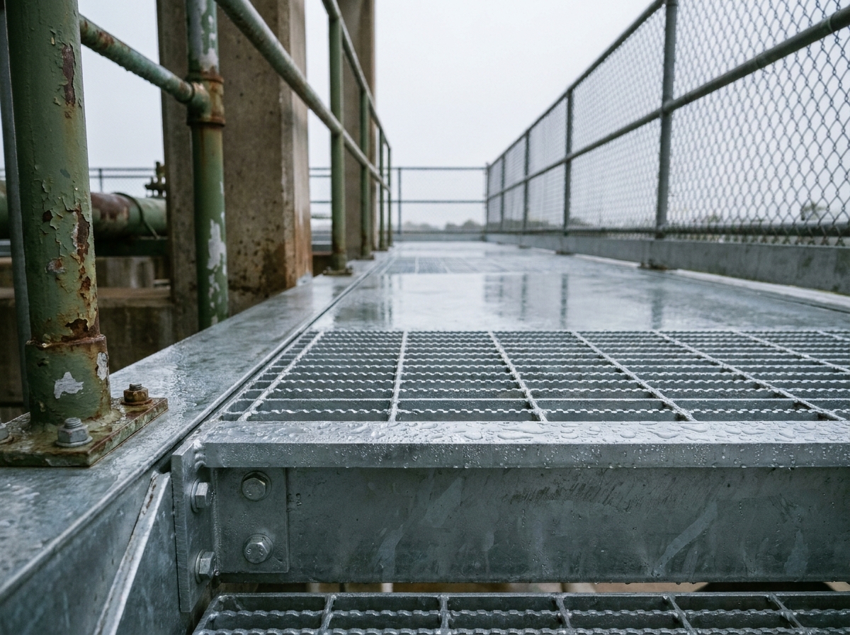 Plancher en caillebotis galvanisé installé sur une mezzanine extérieure d'une station de traitement des eaux