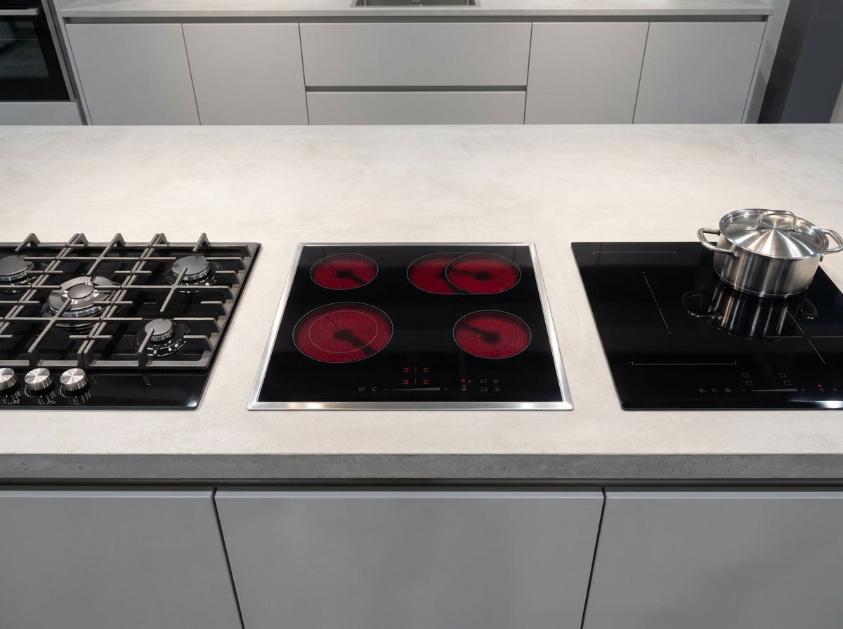 Comparaison de trois plaques de cuisson Castorama côte à côte : gaz, vitrocéramique et induction sur plan de travail gris
