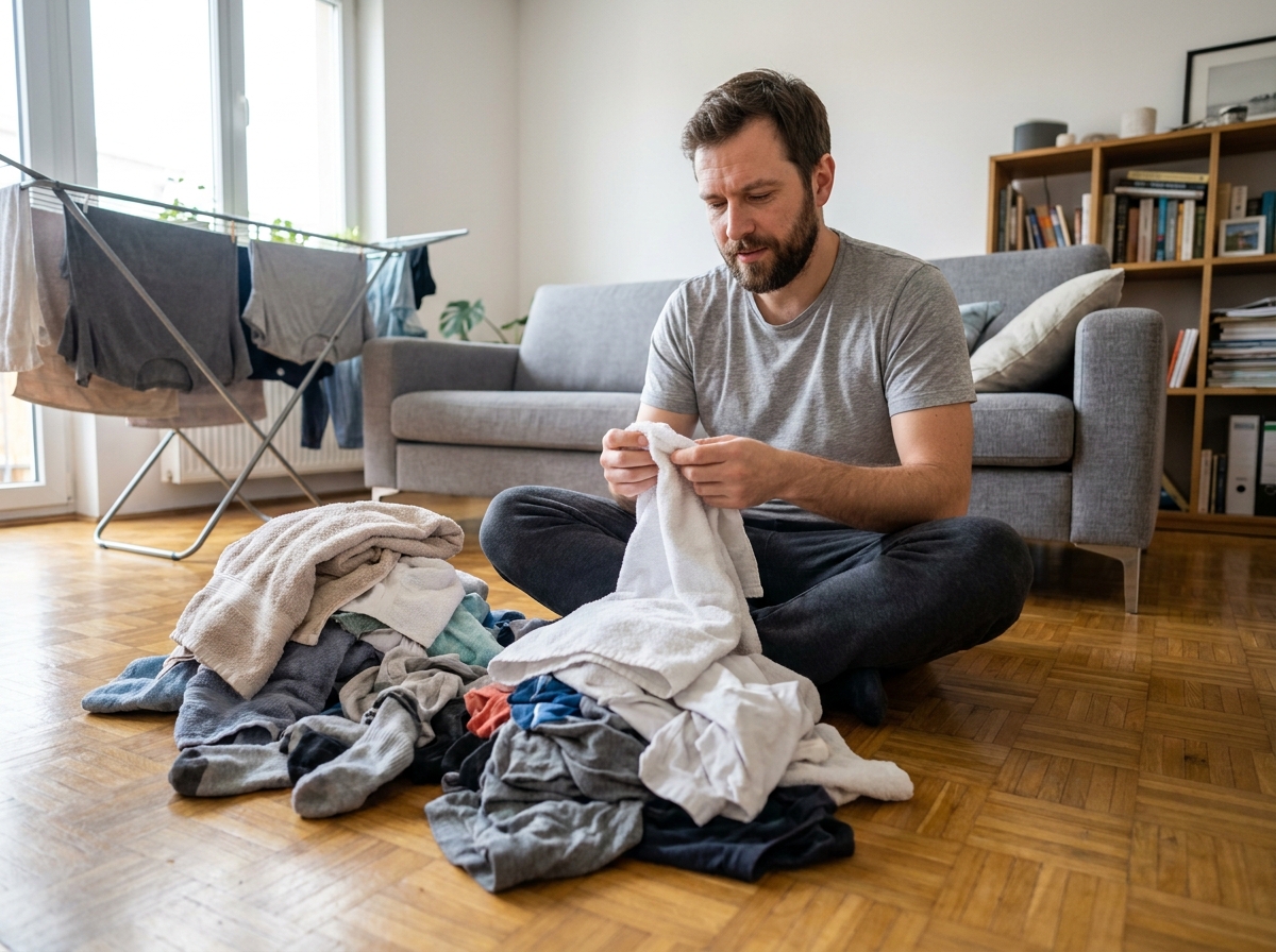 Homme pliant une grande pile de linge dans un salon moderne avec un étendoir chargé en arrière-plan