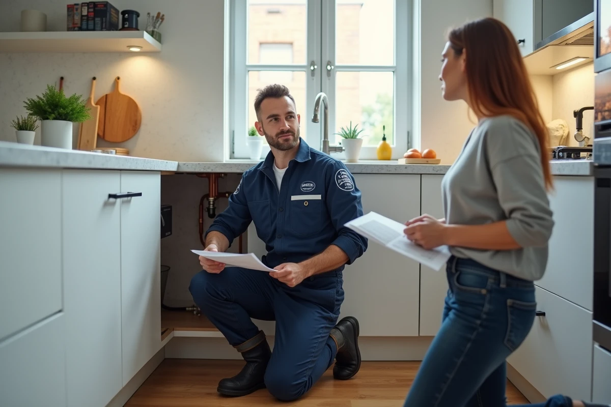 Plombier artisan en discussion avec une cliente dans une cuisine moderne, remise d'un devis travaux pour trouver des clients qualifiés