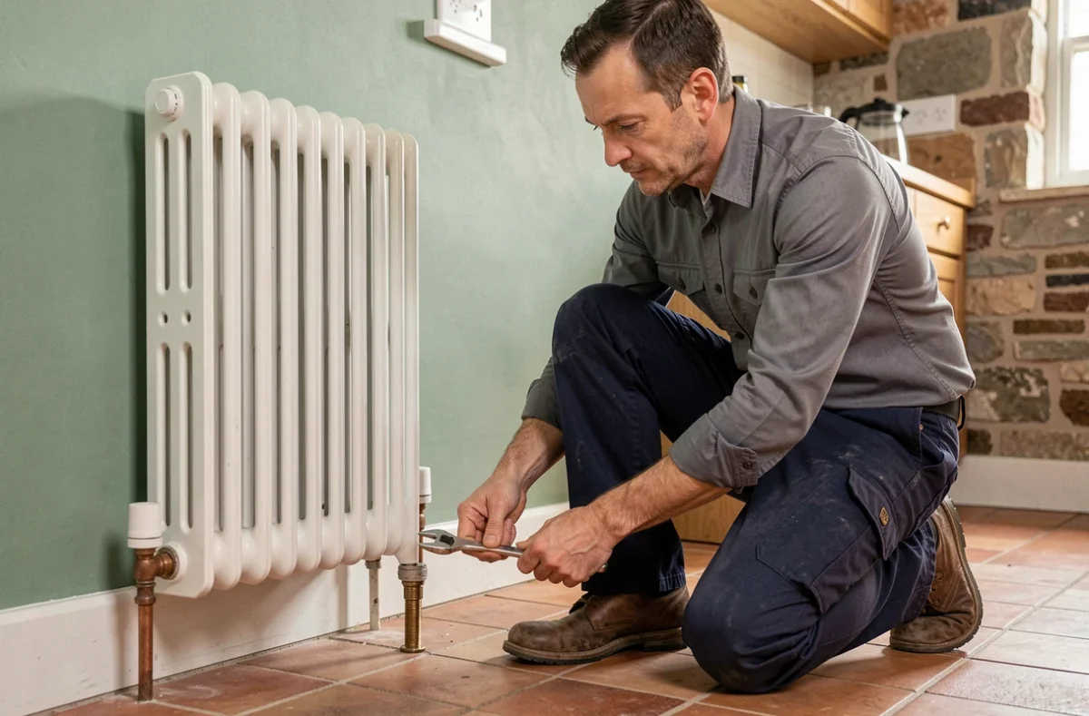 Plombier réglant le pied en fonte d'un radiateur fonte blanc sur carrelage tomette dans cuisine rénovée