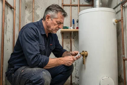 Plombier professionnel ajustant une soupape de pression sur un chauffe-eau dans une chaufferie résidentielle