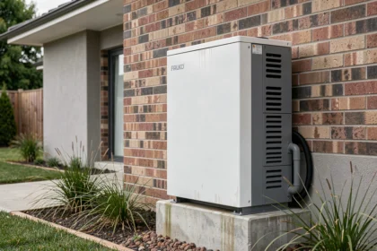 Pompe à chaleur air-eau installée en extérieur contre la façade d'une maison individuelle de 100 m2