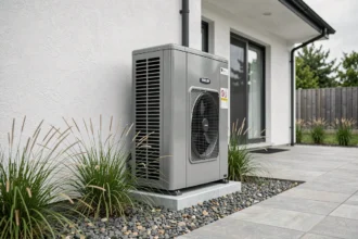 Unité extérieure de pompe à chaleur Daikin Altherma installée contre un mur de maison contemporaine avec gravier et herbes ornementales