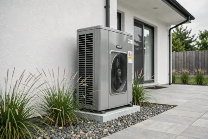 Unité extérieure de pompe à chaleur Daikin Altherma installée contre un mur de maison contemporaine avec gravier et herbes ornementales