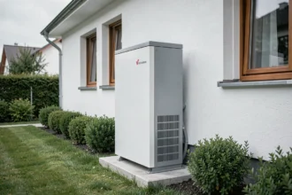 Pompe à chaleur Viessmann installée en extérieur sur le mur d'une maison contemporaine