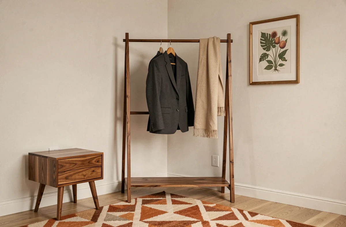 Portant vêtement bois noyer intégré harmonieusement dans un salon avec une décoration cohérente et équilibrée