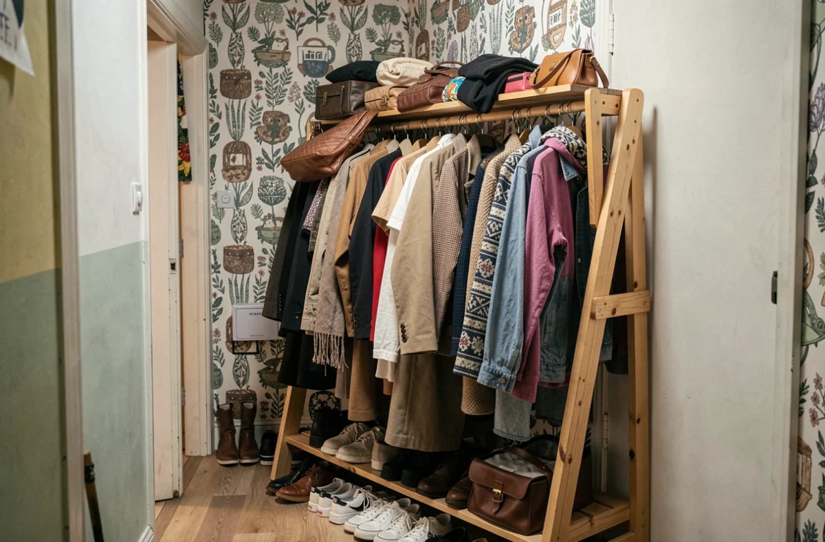 Erreur de décoration avec un portant en bois surchargé et encombré dans une entrée désorganisée