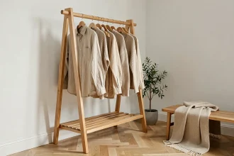 Portant vêtement en bois frêne dans une chambre minimaliste avec des vêtements bien organisés sur des cintres en bois