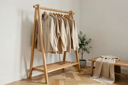 Portant vêtement en bois frêne dans une chambre minimaliste avec des vêtements bien organisés sur des cintres en bois