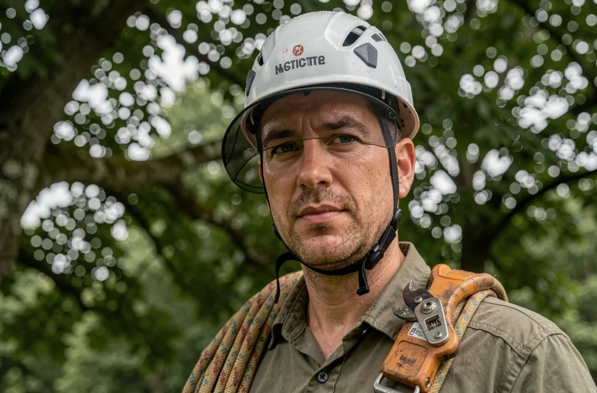 Portrait rapproché d'un élagueur certifié avec casque homologué, visière de protection et corde d'escalade professionnelle