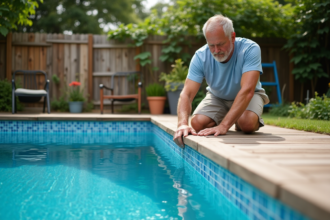 Homme posant des mosaïques bleues dans une piscine extérieure