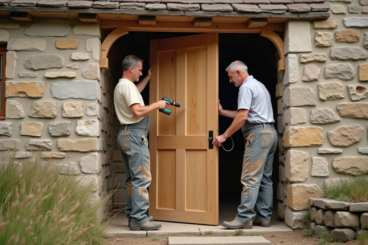 Deux artisans posant une porte d'entrée en bois massif chêne sur une ferme en pierre rénovée