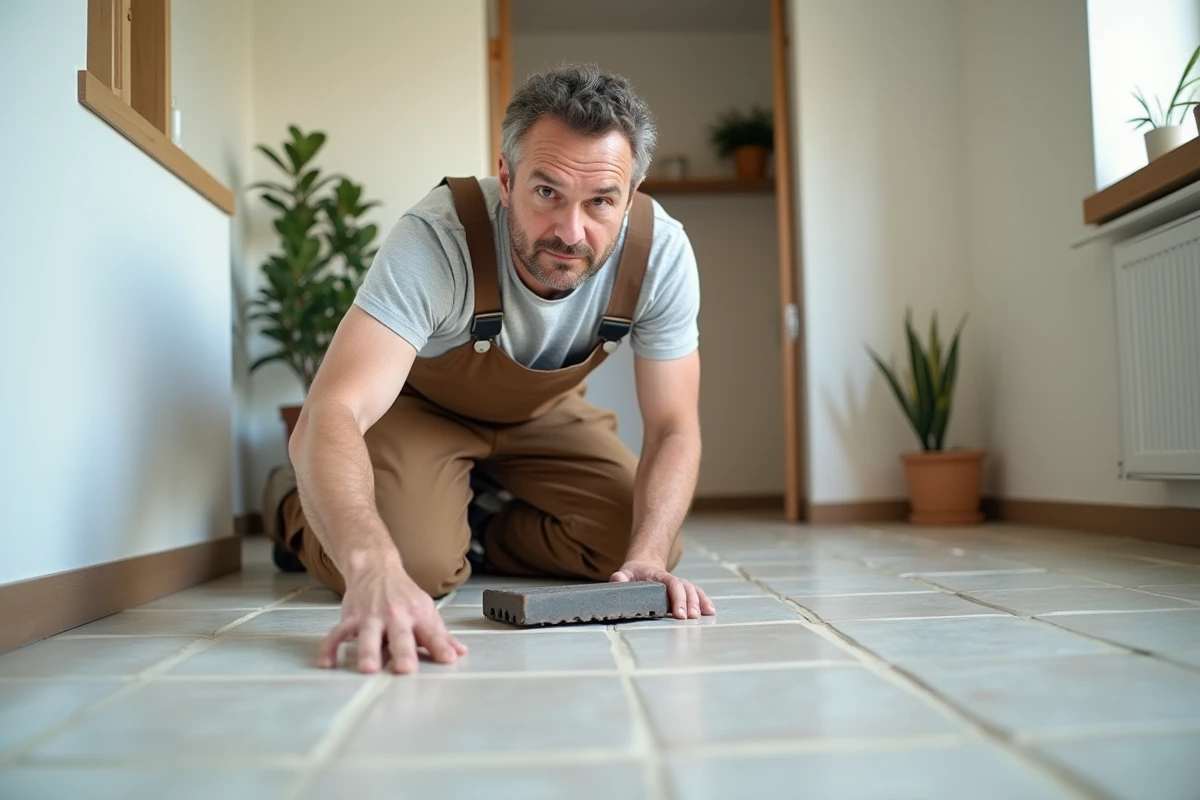 Homme en overalls posant du carrelage dans un salon lumineux