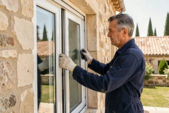 Poseur de fenêtres professionnel installant un double vitrage sur une maison provençale dans le Var