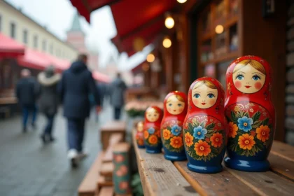 Série de poupées matriochkas russes peintes à la main alignées sur un étal de marché en bois, motifs floraux traditionnels en rouge et bleu