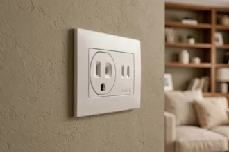 Prise électrique double encastrée dans un mur greige d'un salon contemporain avec cadre blanc mat