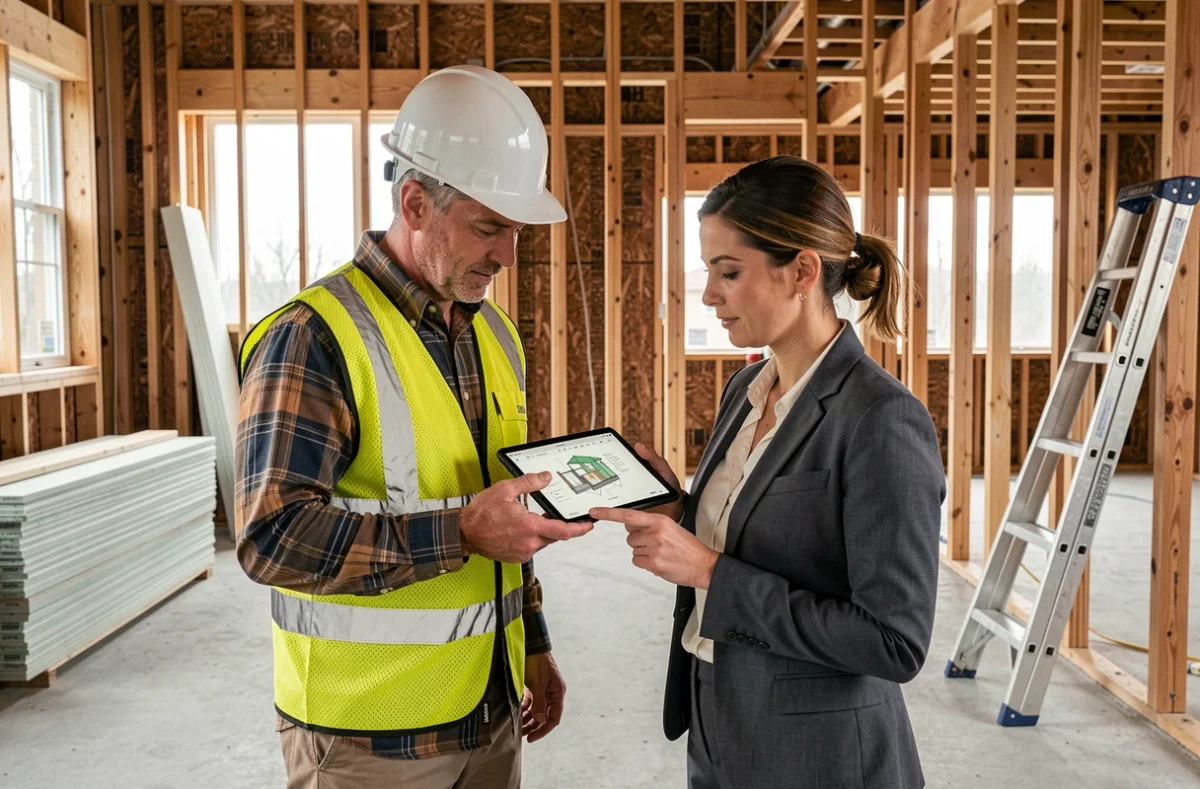 Professionnel du bâtiment et architecte consultant un modèle BIM sur tablette dans un chantier de construction résidentielle
