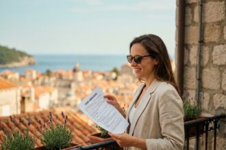 Propriétaire tenant un bail sur le balcon d'un deux-pièces à Nice avec vue sur les toits méditerranéens