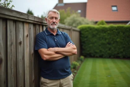 Propriétaire inquiet devant une clôture en bois trop haute en limite de propriété dans un jardin de maison individuelle en France